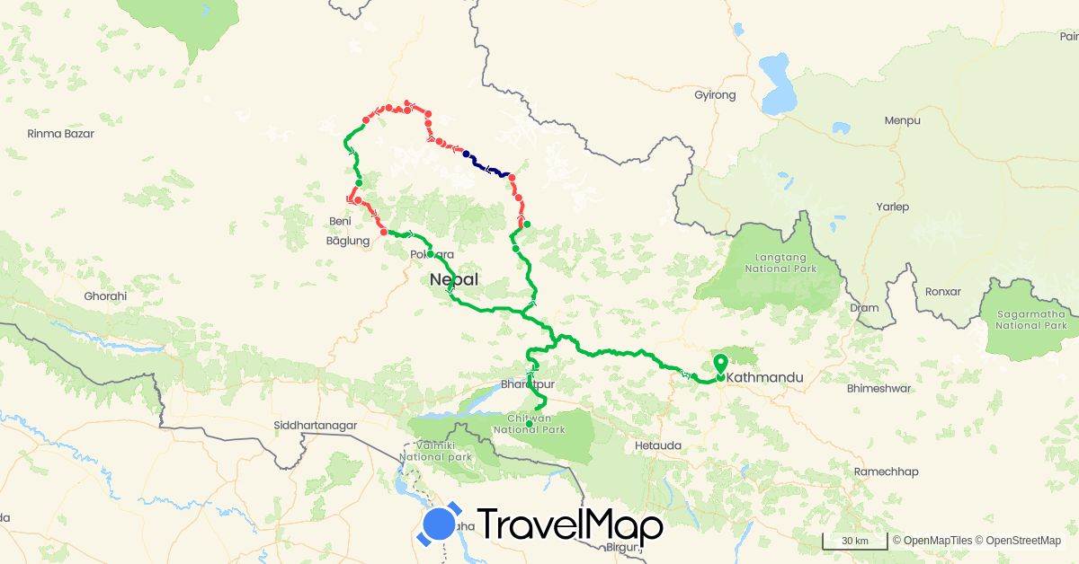 TravelMap itinerary: driving, bus, hiking in Nepal (Asia)
