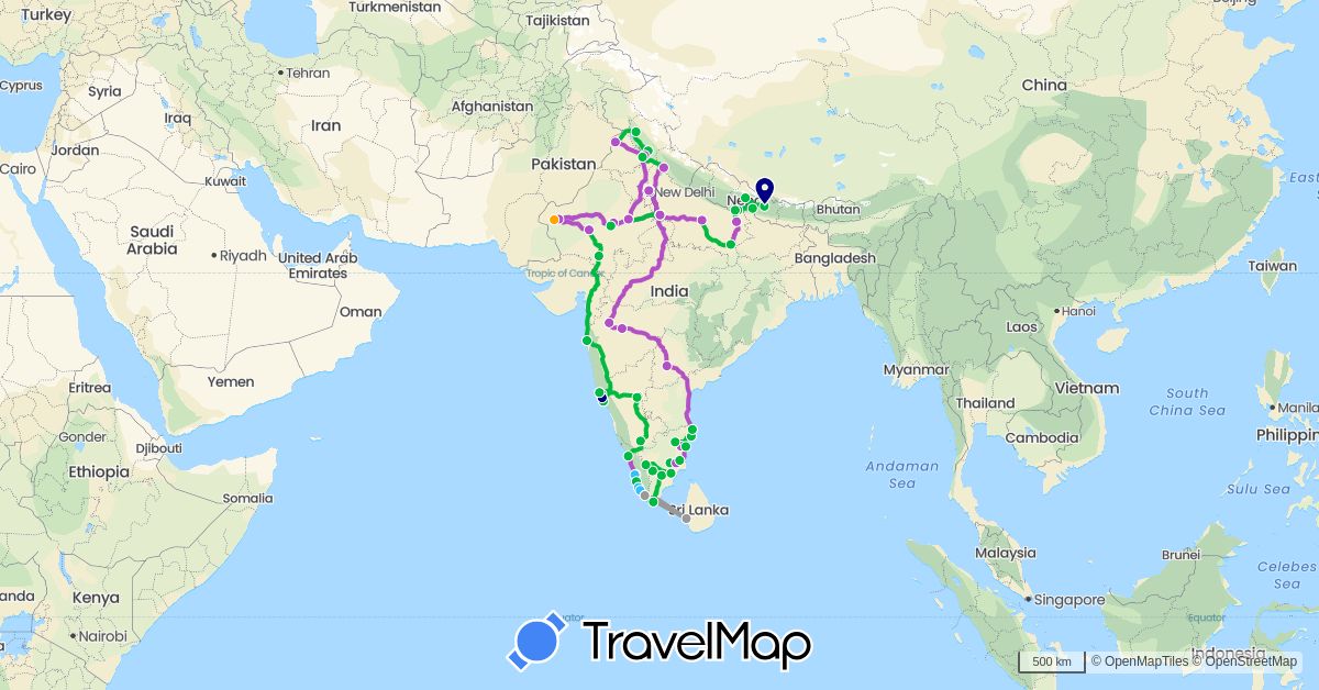 TravelMap itinerary: driving, bus, plane, train, boat, dromadaire in India, Sri Lanka, Nepal (Asia)